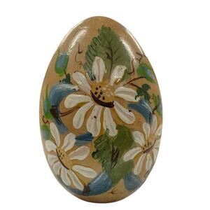 Vintage Hand Painted Wooden Signed Dated Table Top Decoration Floral Daisy Egg